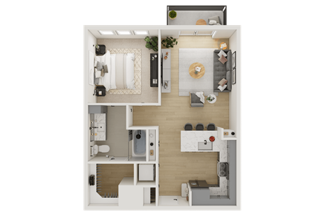 Floor plan for 1 bed, 1 bath, 684 sqft
